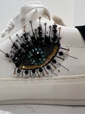Kurt Geiger White Leather Platform Sneakers with Black Heel and Beaded Eye Motif